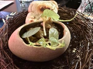 Roasted eggplant in pickled chilli paste, toasted golden mantou bread  at Shu in Collingwood