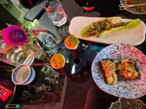 San choi bao; Silken tofu, avo, black sesame crackers (fave dish SO tasty); Spicy potato mash, grilled corn at Shu in Collingwood