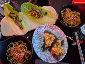 San choi bao; Chilled noodles pb soy dressing;  Silken tofu, avo, black sesame crackers (fave dish SO tasty) at Shu in Collingwood