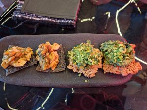 Silken tofu, avo, black sesame crackers: delicious; Brown rice cracker w/asian herbal butter: very good, and a surprising hint of wasabit at Shu in Collingwood