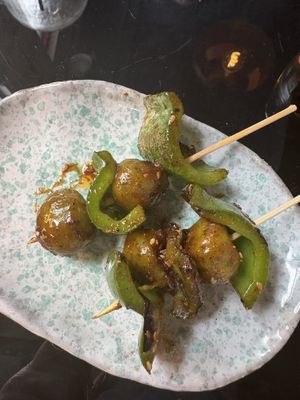 Grilled spinach rice ball skewer   at Shu in Collingwood