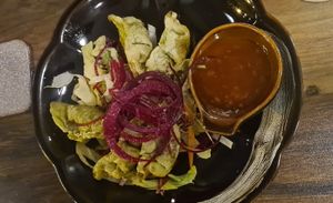 Fried dumplings with vegetables at Aroy Restaurant in Berlin