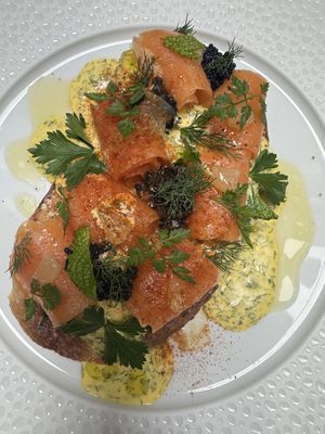 Salmon and caviar sourdough toast 🥰  at Le Basque in New York City