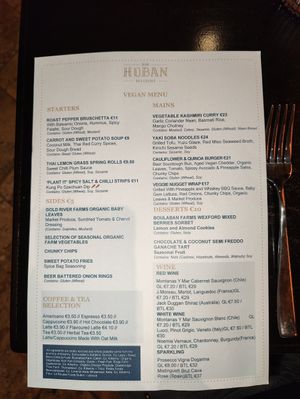 Vegan menu at Hoban Brasserie in Kilkenny