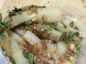 Green pea noodles (stripes) -super tasty 😋   at Tofu Porridge -ข้าวฟืนอุ่น in Chiang Mai