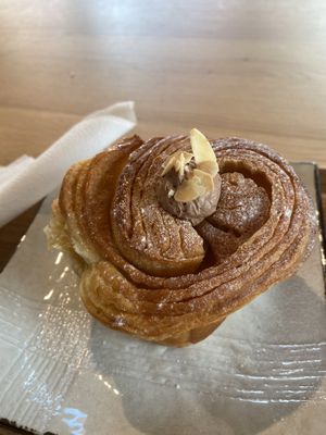 Croissant/cruffin with chocolate cream: very good! Flakey, crispy and soft with a creamy chocolate  filling  at Atelier Giri in Arnhem