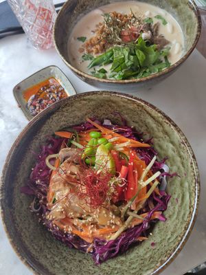 Cold vegan duck noodle salad and Dan Dan noodle at Atelier Giri in Arnhem