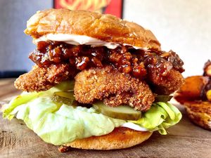 fried seitan strips and “bacon” jelly  at KOOKPLANT in Drongen