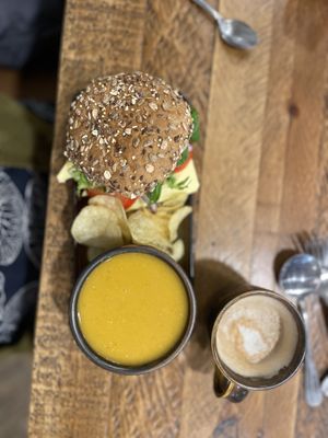 VEGAN APPLEWOOD & CARAMELISED ONION CHUTNEY & soup with soya latte   at The Deli Next Door in Elgin