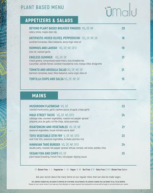 Vegan menu online   at 'Umalu in Lahaina