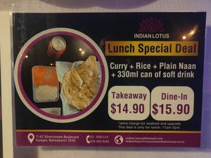 Lunch special! Naan may be substituted for vegan option at Indian Lotus - Restaurant and Takeaway in Kaiapoi