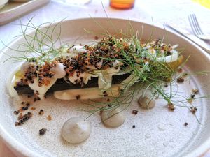 Zucchini, fennel, black garlic, quinoa at Coogee Common in Coogee