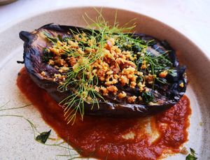 Eggplant, kale, buckwheat, avjar, macadamia at Coogee Common in Coogee