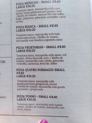 Menu - pizza vegetariana at Hot Oven in Vila Nova De Milfontes