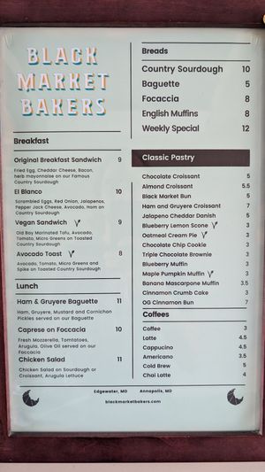 Menu with V marked items at Black Market Bakers - Port Annapolis in Annapolis