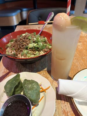 Dan Dan noodles. Steamed dumplings. Lychee mocktail. YUM!  at Spicy Moon - Chelsea in New York City