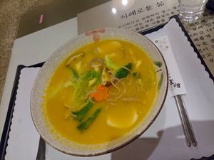 Noodles in pumpkin soup at Zi Yuay Tsian Shir - Day Moon Zen Food in Tainan