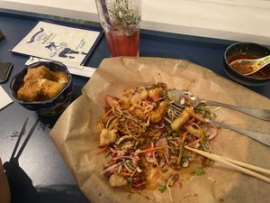 You can order the pulled chicken salad with tofu to make it vegan. On the left is fried tofu with peanut sauce (not my favorite )  at Asian Pavillon in Vienna