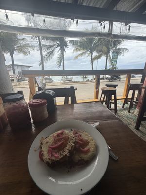 Vegan pupusas pictured. Very large portion & the pickled veggies / homemade salsa they make really brought it to the next levell  at La Ruta del Sabor in Roatan