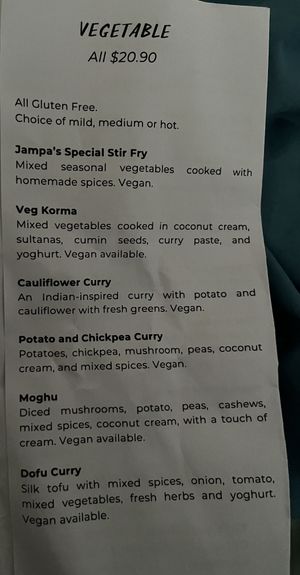 Vegetable menu   at Jampa's Spirit of Tibet in Nambour
