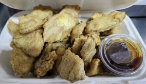 Organic, Vegan  & Gluten-free Ulu Nuggets with Dipping Sauce. Deep-fried in organic coconut oil.  at Island Organic Cuisine in Hilo