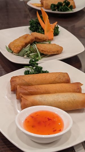 Spring rolls and vegan fried chicken at Koukien in Yokohama
