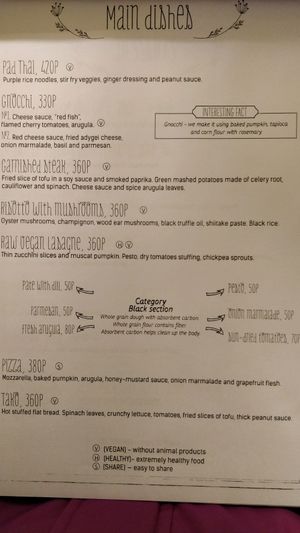 main dishes menu. vegan items are clearly labelled at Cafe Ukrop II in St Petersburg