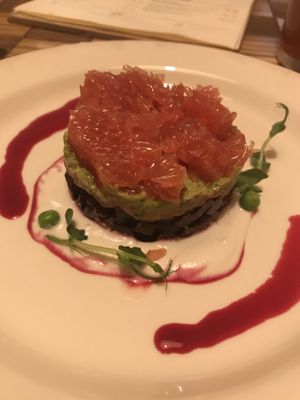 Beetroot, guacamole, and grapefruit salad. On their summer menu  at Cafe Ukrop II in St Petersburg
