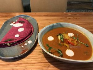 Tofu Scramble and Vegetable Cream Soup  at Cafe Ukrop II in St Petersburg