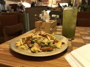 Fuju salad with croutons, kind of like Caesar, and sugar-free cucumber basil lemonade  at Cafe Ukrop II in St Petersburg