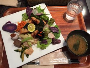 Soy meat, brown rice, vegetables & salad. at Tao Vege Cafe in Tokyo