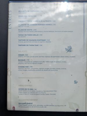 Menu at L'océan in Anglet