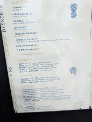 Menu at L'océan in Anglet