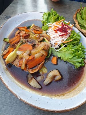 Nr. A41: Like chicken (made out of beans) vegetables with soy sauce and rice at Pho Hanoi & Sushibar in Rosenheim