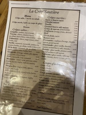 Menu - the marmalades, caramel topping & fruits are vegan (not sure about the savory, we went for the sweet!)  at La Crepe Sautiere in Aix-en-provence