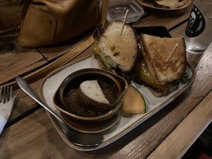 Veggie sandwich request vegan so no cheese French onion soup request vegan no cheese their soups change   at Beerwood in Los Osos