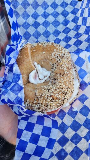 Everything bagel with plan vegan cream cheez and tomato at St. Urbain Bagel in Toronto