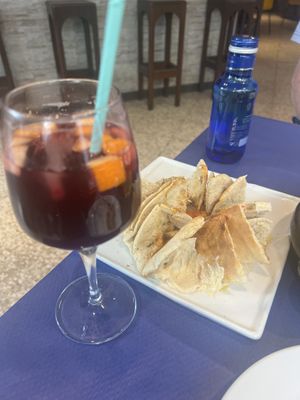 Sangria + hummus and pita breadd  at Reina Mónica in Granada