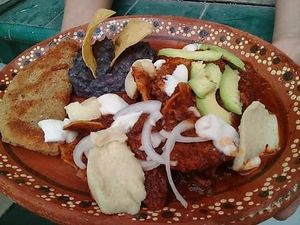 Chilaquiles con queso de avena y crema de tofu, con milanesa de seitán. at 9 ó 6 Comida Vegana. in Puebla