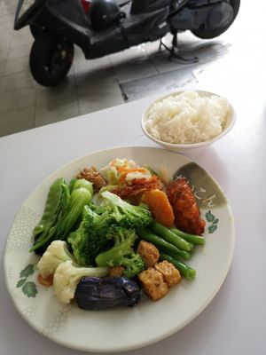 75 dollars for full plate of veggies plus rice. Theres spicy soy sauce and another nice sauce to add if you like at Ming Der Vegetarian Buffet in Kaohsiung