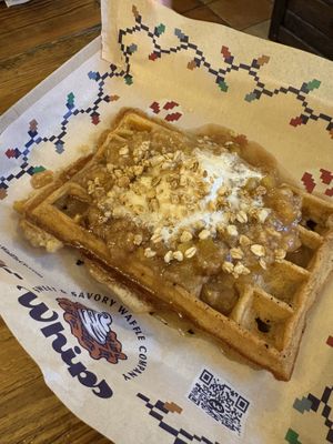 Bourbon peach cobbler made vegan. Yummy  at Whips Waffle Company in St Augustine