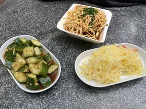3 vegan starters: cucumber salad, soy strips salad, potato strips saladd  at Chang an Noodle House in Hannover