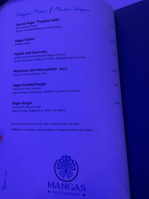 Vegan Menu  at Mangas Restaurant in Ayia Napa
