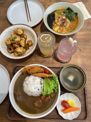 WW signature ramen, katsu curry rice, sweet masa cauliflower, yuzu drink, sakura drink  at Wholey Wonder Damai in Kuala Lumpur
