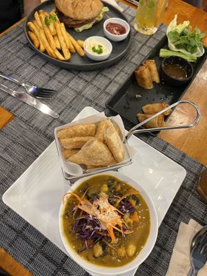 Beyond Burger with fries and Dips and Chickpea Curry with Roti  at The Planters in Ao Nang