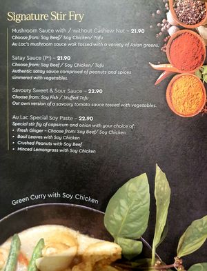 menu at Au Lac Royal Vegan Cuisine in Dickson