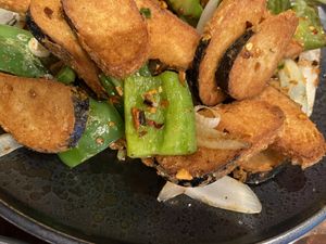 Stir fried mock fish with salt and chillies  at Au Lac Royal Vegan Cuisine in Dickson