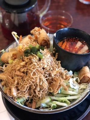 Noodle bowl with shredded tofu and spring rolls - new favourite! Sooo good ❤️❤️ at Au Lac Royal Vegan Cuisine in Dickson