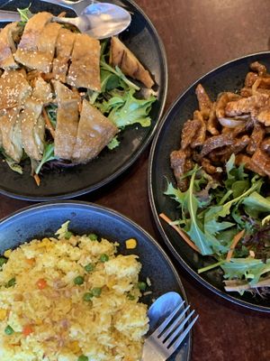 Soy honey chicken, soy beef with chilli and fried rice at Au Lac Royal Vegan Cuisine in Dickson