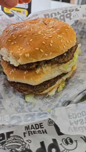 Famous Burger with smash patty at Odd Burger in Scarborough